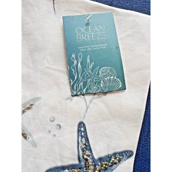 OCEAN Starfish Shell Kitchen Towel Set of 2 Sequins Blue Coral Beach 18"x28" - Picture 4 of 7